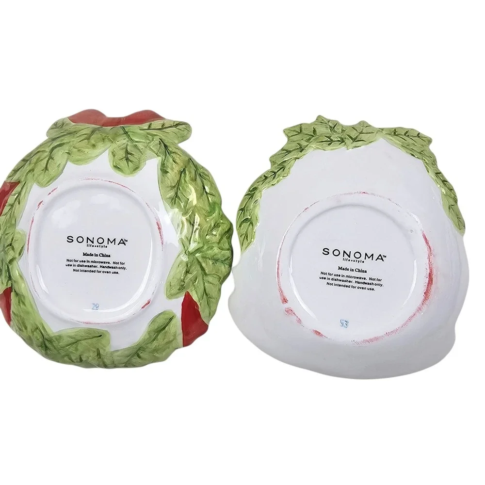 Sonoma Life Style Christmas Ceramic Candy Dish Set Holly Wreath & Bells 2pc